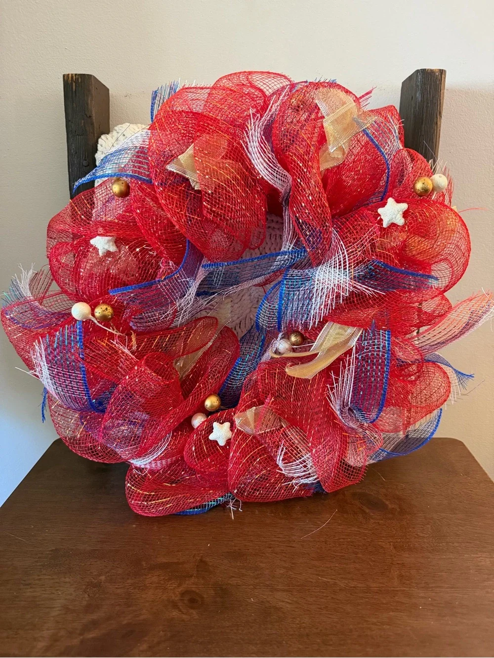 Patriotic Red Mesh Wreath - Home Holiday Decorative Door Accent